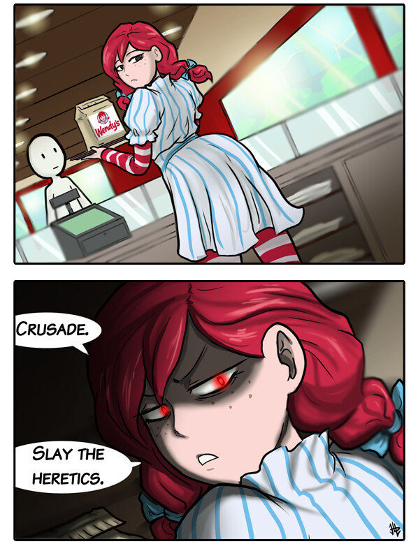 Wendy, at a fast-food counter, tells the protagonist, 'Crusade. Slay the heretics.'