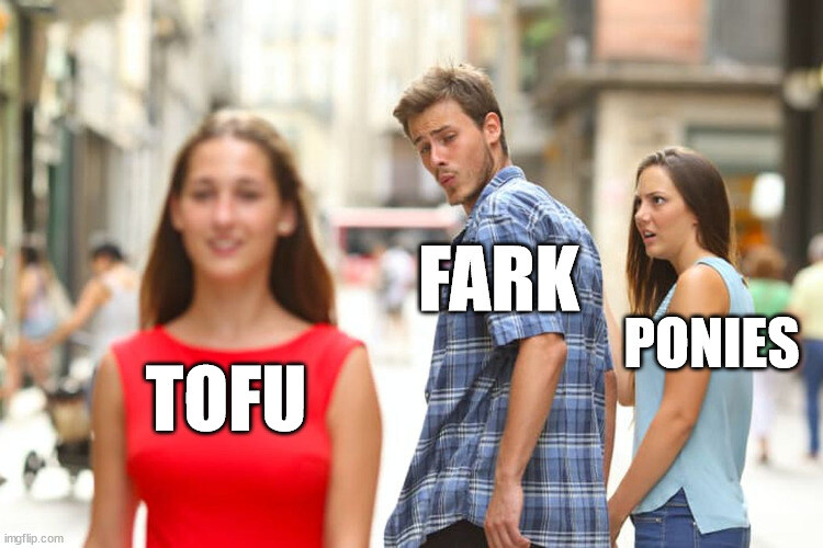 Distracted boyfriend Fark looks at Tofu instead of Ponies.