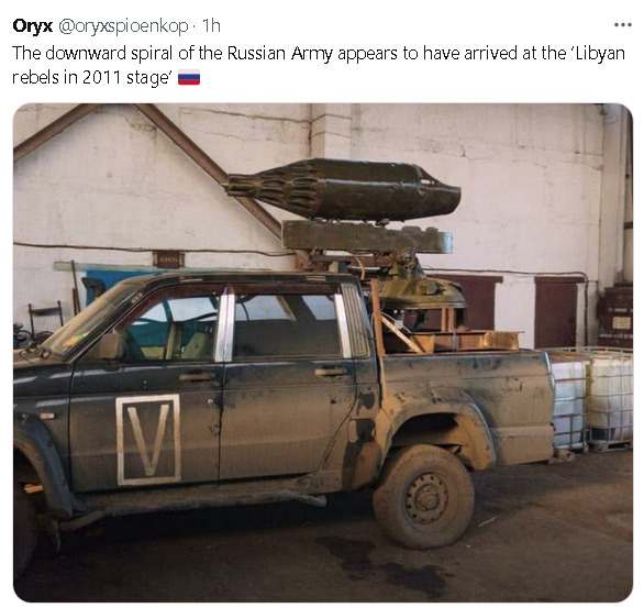 The downward spiral of the Russian army appears to have arrived at the 'Libyan rebels in 2011' stage. (picture of Russian truck with a half-assed rocket launcher in its bed.)