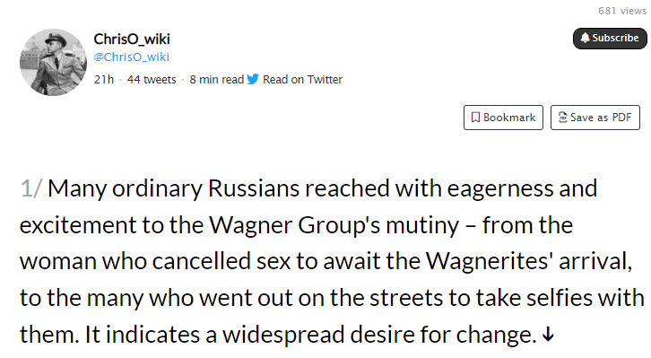 ChrisO_wiki: Many ordinary Russians reacted with eagerness and excitement to the Wagner Group's mutiny--from the woman who canceled sex to await the Wagnerites' arrival, to the many who went out on the streets to take selfies with them. It indicates a widespread desire for change.