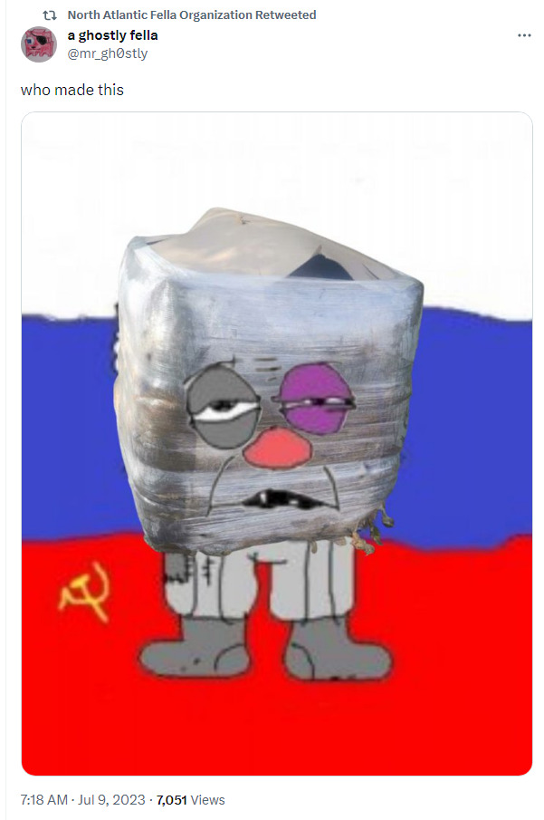 NAFO retweets a ghostly fella with an image that shows a vatnik superimposed on the 'meat cube' from a few days ago with the Russian tricolor and USSR flags in the background.