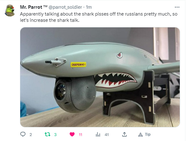 parrot_soldier: Apparently talking about the shark pisses off the Russians pretty much, so let's increase the shark talk. (JPEG of a plane that looks like a shark.)