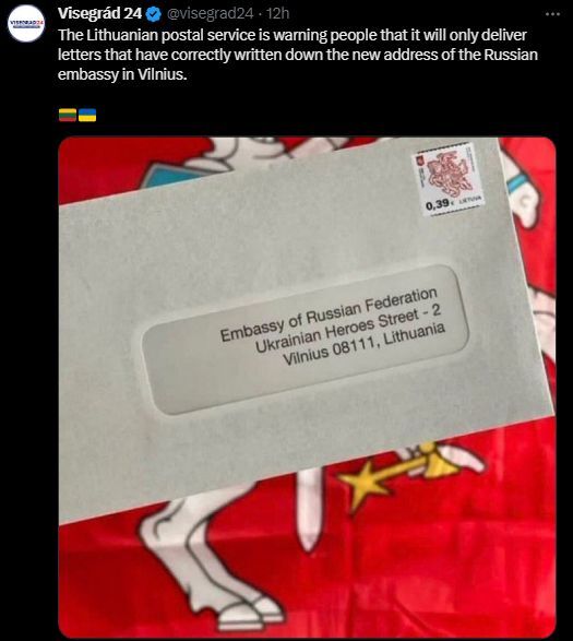 Lithuanian postal service is warning people that it will only deliver letters that have correcty written down the new address of the Russian embassy in Vilnius: Embassy of Russian Federation, Ukrainian Heroes Street - 2, Vilnius 08111, Lithuania.