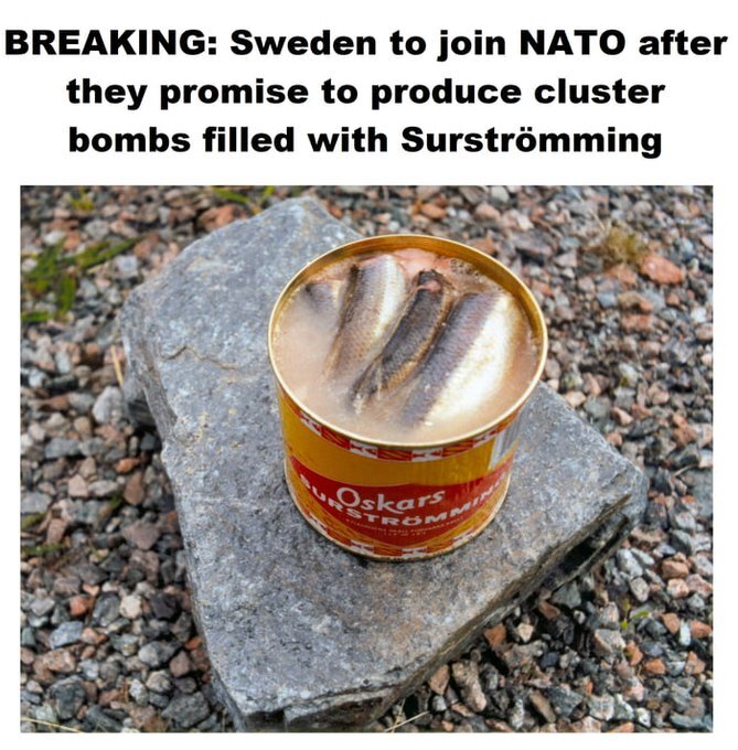 Sweden to join NATO after they promise to produce cluster bombs filles with surstromming.