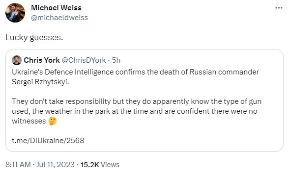 Chris York: Ukraine's defense intelligence confirms the death of Russian commander Sergei Rzhythkyi. They don't take responsibility but they do apparently know the type of ammo used, the weather in the park at the time, and are confident there were no witnesses.