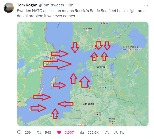 Sweden NATO accession means Russia's Baltic Sea fleet has a slight area denial problem if war ever comes.