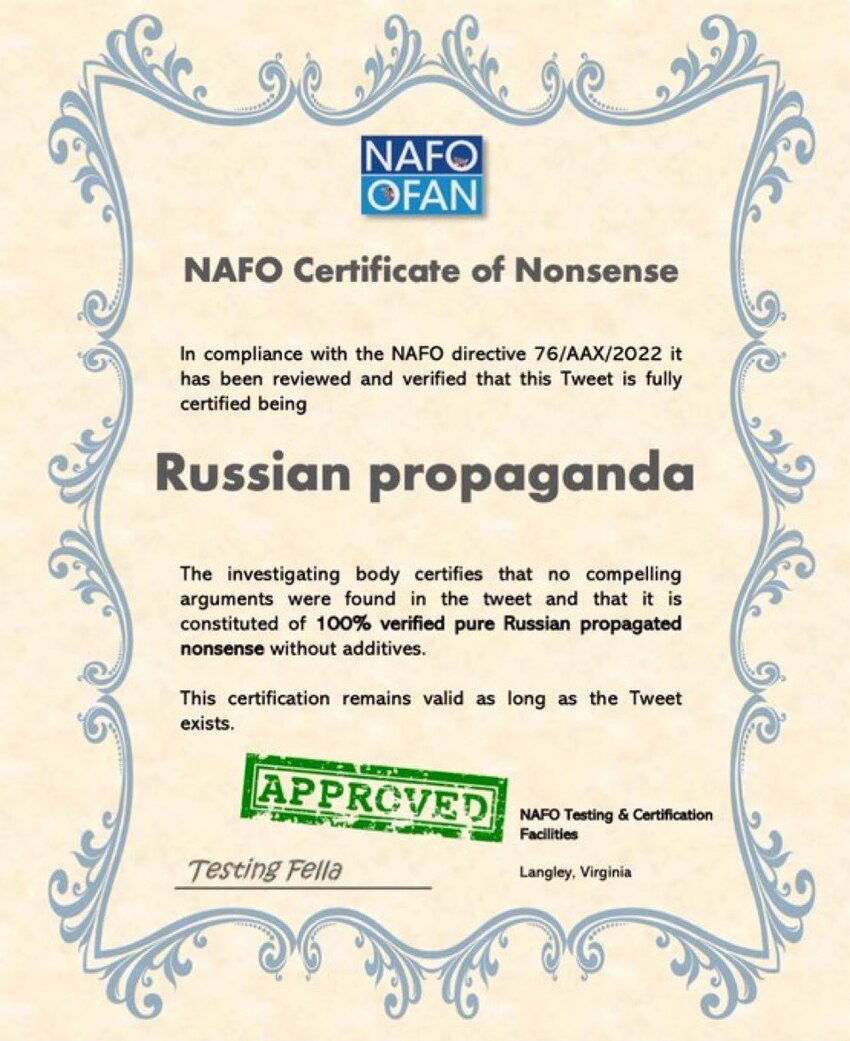 Official certificate proclaiming that a post was pure Russian nonsense and should be disregarded.