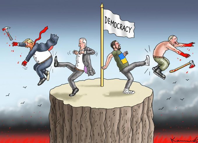 Political cartoon, flag 'Democracy' on a high summit. Trump attempts to hit flag with a hammer, Biden kicks Trump in the butt.  Putin attempts to hit flag with an axe, Zelenskyy kicks Putin in the butt.