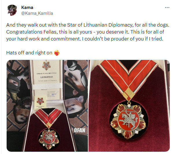 Kama Kamilia reports that the fellas of NAFO have been awarded the Star of Lithuanian Diplomacy.