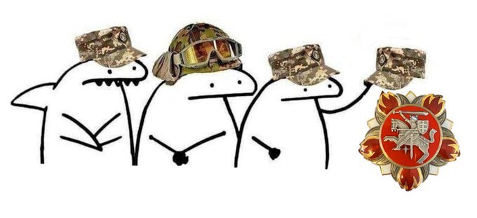 Characters from Flork of Cows (and a shark) give a hat to the Star of Lithuanian Diplomacy.