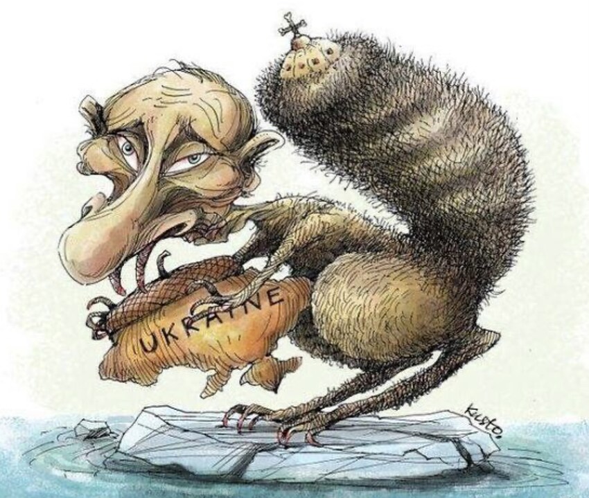 Caricature of Putin as Scrat from 'Ice Age' where he's holding an acorn Ukraine.
