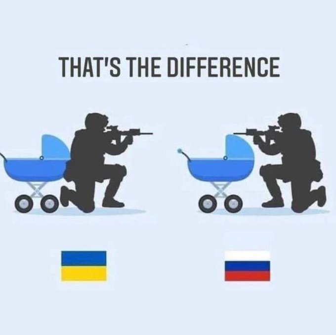 Ukrainian soldier stands in front of baby carriage. Russian soldier stands behind baby carriage.  That's the difference.