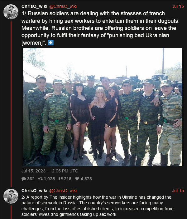 Russian soldiers are dealing with the stresses of trench warfare by hiring sex workers to entertain them in their dugouts. Meanwhile, Russian brothels are offering soldiers on leave the opportunity to fulfil their fantasy of 'punishing bad Ukrainian women.' How the war in Ukraine has changed the nature of sex work in Russia.