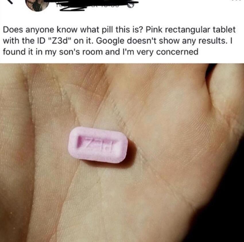 Tweet by a mother who found a pink 'Z3d' rectangular tablet in her son's room and is concerned it might be some kind of drug.  It's a PEZ candy, upside-down.
