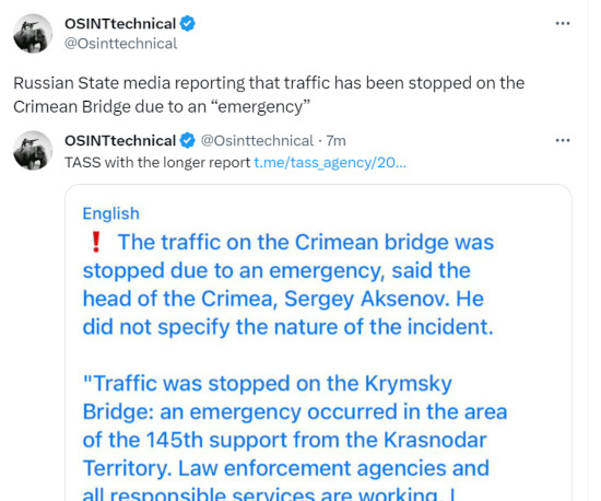 Russian state media reporting that traffic has been stopped on the Crimean Bridge due to an 'emergency'. It occurred in the area of the 145th support from the Krasnodar territory.