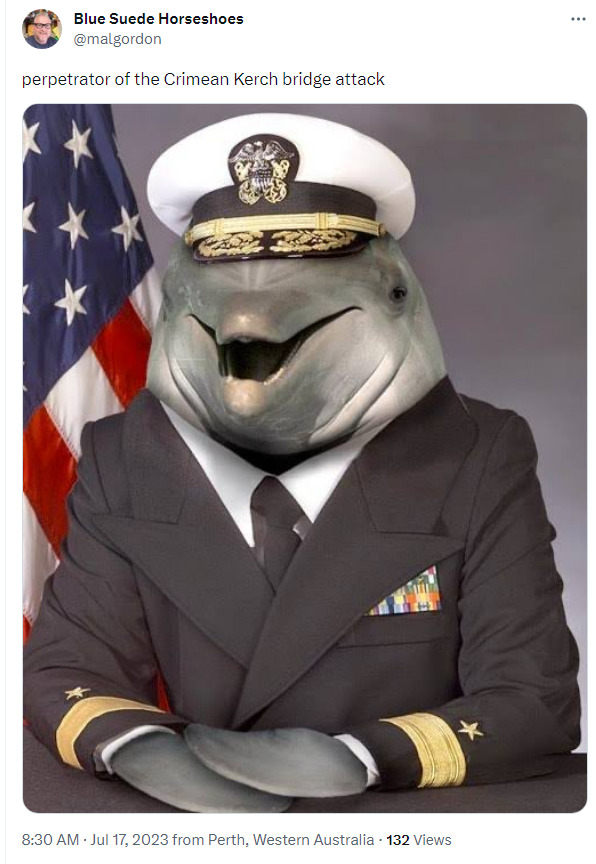Perpetrator of the Kerch bridge attack: (picture of a dolphin in a Navy hat and an Army uniform.)
