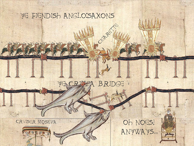 JPEG in the style of the Bayeaux Tapestry, showing Ye Fiendish Anglo-Saxons destroying Ye Crimea Bridge with cigarettes and dolphins.