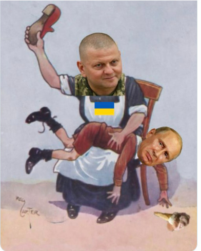 Zaluzhny as a woman holding Putin as a child over his knee and spanking Putin with a shoe.