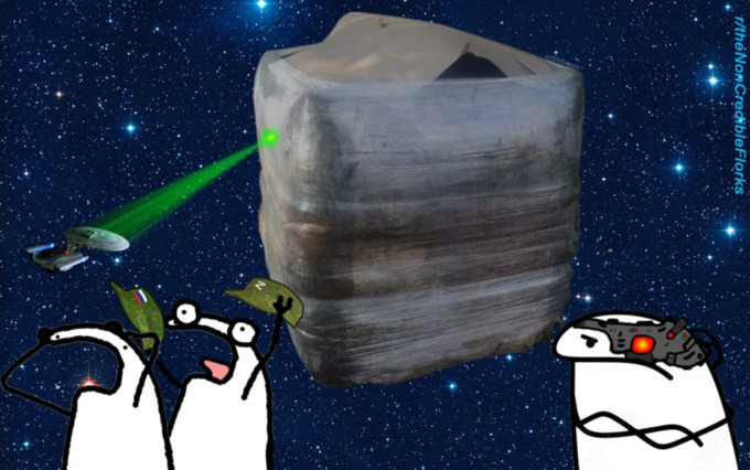 Picture of 'meat cube' with the Star Trek:TNG Enterprise firing on it. Flork of Cows characters with Z hats run screaming from another Flork of Cows character with a Borg hat.