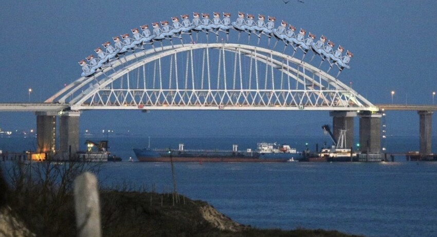 Kerch Bridge shenanigans, with many ships under the bridge and a bunch of fellas as the corps de ballet from 'Swan Lake'