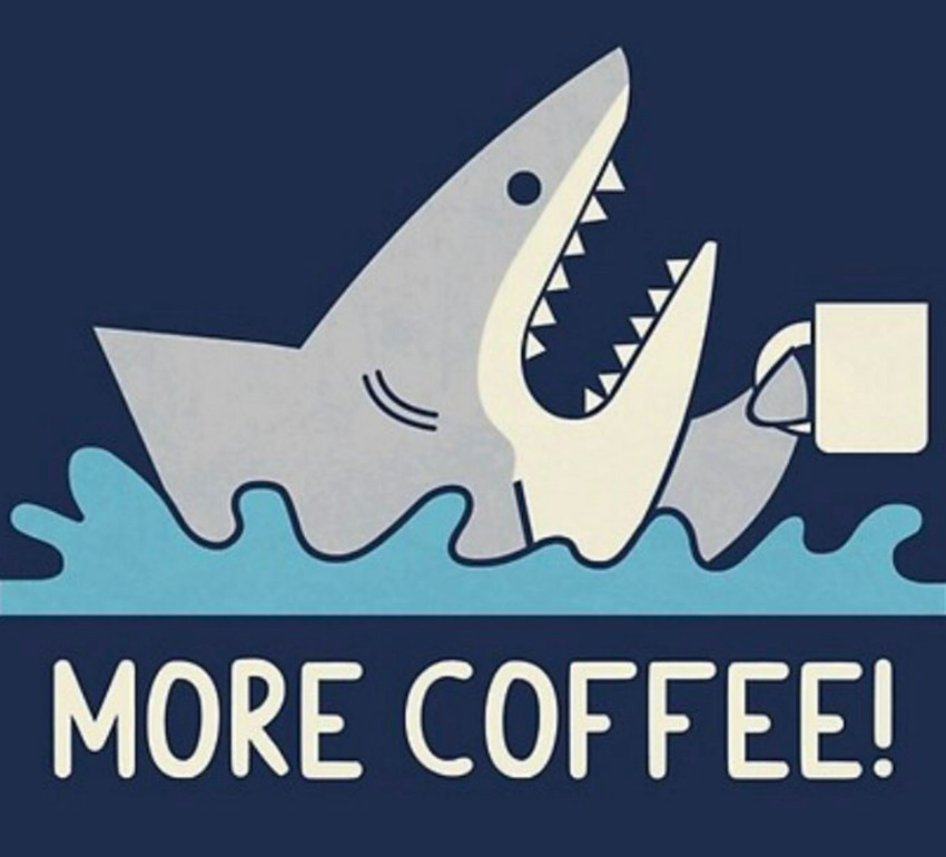 Cartoon of a shark with a coffee mug, captioned 'More Coffee!'