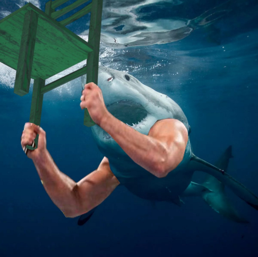 A shark with arms holding a chair.