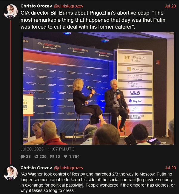 Bill Burns about Prigozhin's abortive coup: The most remarkable thing that happened that day was that Putin was forced to cut a deal with his former caterer.