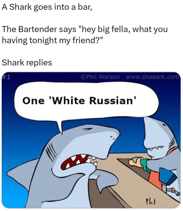 A shark walks into a bar bartender says 'Whatcha want?' shark says 'One white Russian.'