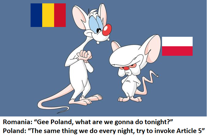Pinky and the Brain as Poland and Romania: Gee Poland, what are we gonna do tonight? The same thing we do every night, try to invoke Article 5.