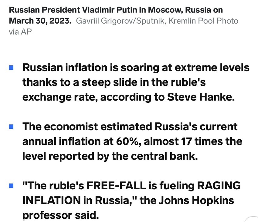 Steve Hanke says that Russian inflation is 60%, much higher than the central bank reports.