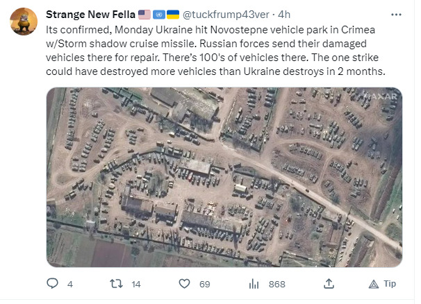 Ukraine hit Novostepne vehicle park in Crimea with Storm Shadow cruise missile.