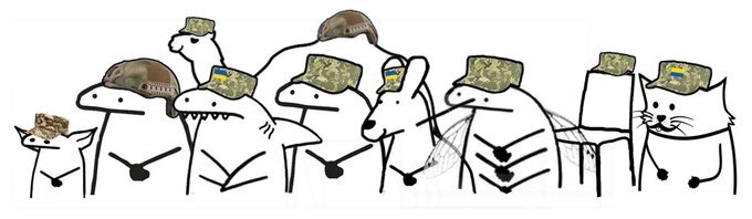 Many characters in the style of 'Flork of Cows' wearing Army caps, including Grogu, a shark, a camel, a kangaroo, a mosquito, a chair, and a cat.