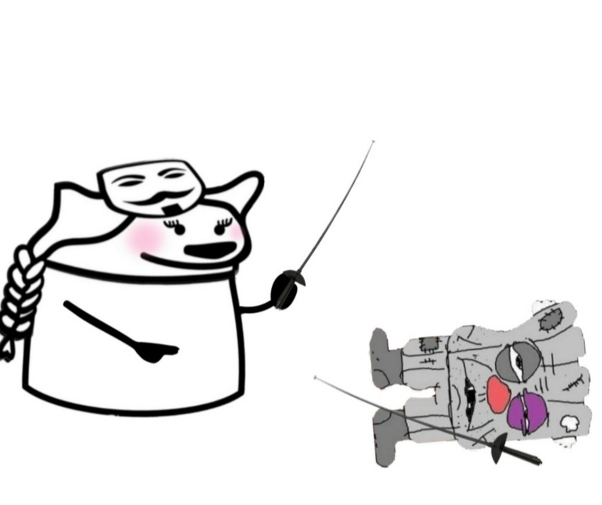 A Flork of Cows fella defeats a vatnik in fencing. (Ukrainian fencer Olga Harlan was disqualified from the World Fencing Championship for not shaking hands with a Russian.)