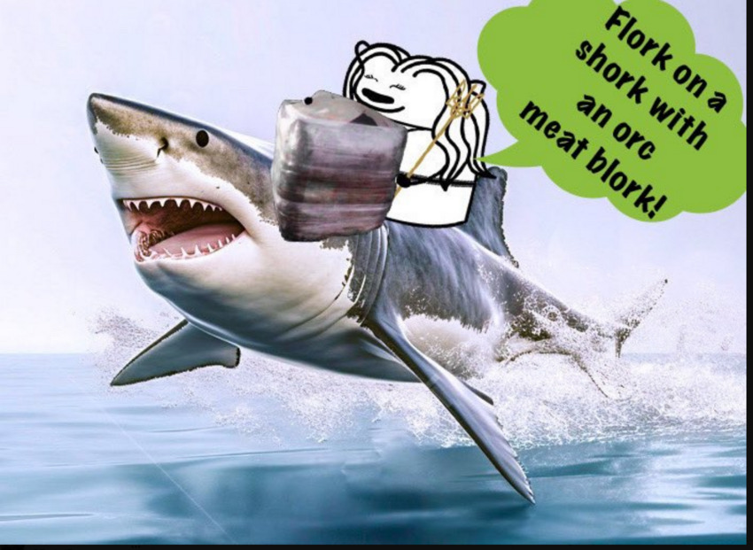Flork of Cows cartoon fella riding a shark with the 'Russian meat cube' superimposed, captioned 'Flork on a shork with an orc meat blork.'