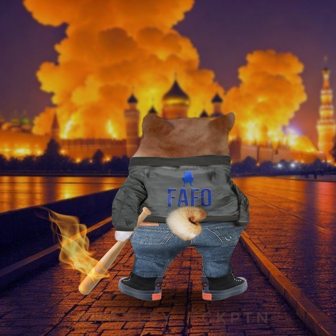 Fella with a FAFO jacket looks at the Kremlin, in flames.