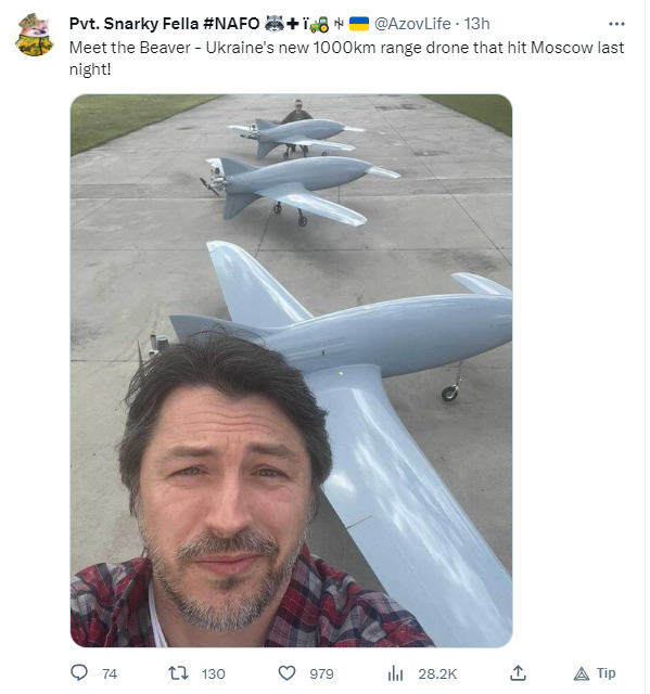 Meet the Beaver--Ukraine's new 1000km range drone that hit Moscow last night. (Man standing in front of 3 drones.)