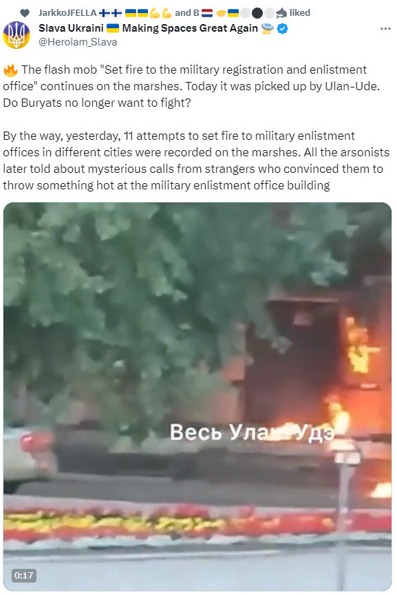 Tweet reporting on 11 attempts to set fire to military enlistment offices in different cities in Russia.