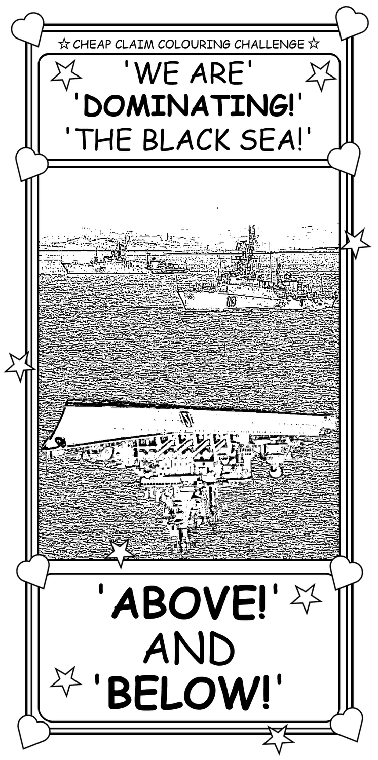 Coloring book page about how Russia dominates the Black Sea, both above and below.
