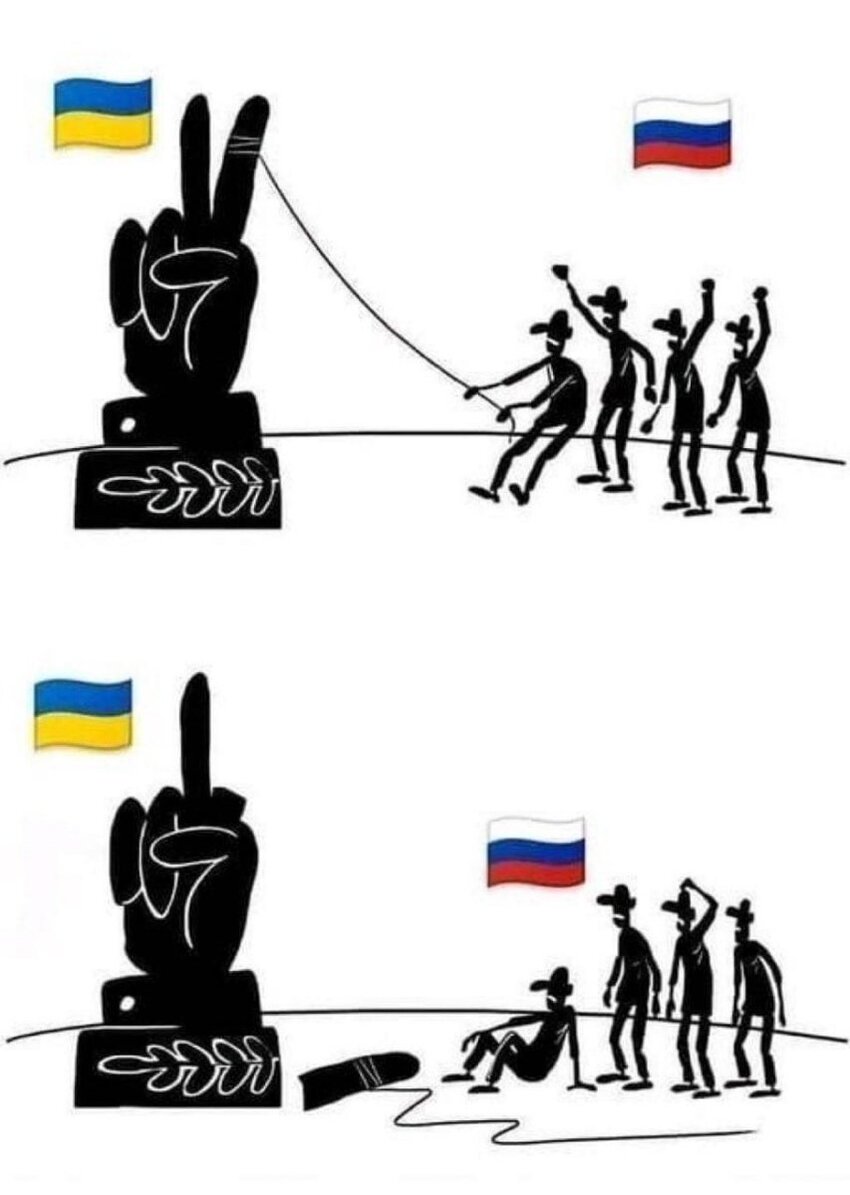 Cartoon where Russians try to topple a statue of Ukrainian V for Victory, they pull one of its fingers off, so Ukraine is now giving them the middle finger.