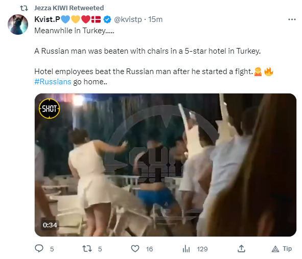 Hotel employees beat the Russian man with chairs after he started a fight.