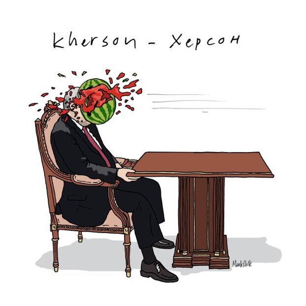 Cartoon where Putin gets his head hit with a watermelon, 'Kherson' in the background.