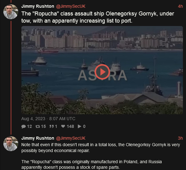 Assault ship Olenegorksy Gornyk, under tow, with an apparently increasing list to port. It is very possibly beyond economical repair. The ship was originally manufactured in Poland, and Russia doesn't possess a stock of spare parts.