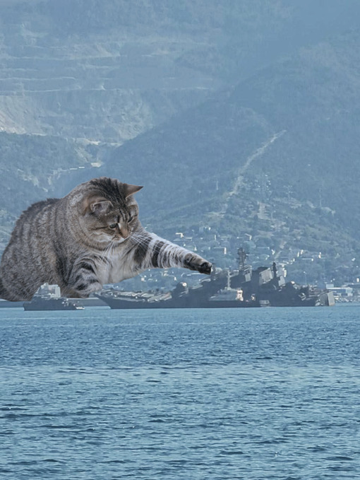 A giant military cat boops a Russian ship.