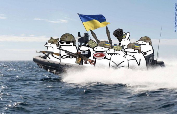 Flork of Cows characters carrying rifles and RPGs on a Ukrainian boat.
