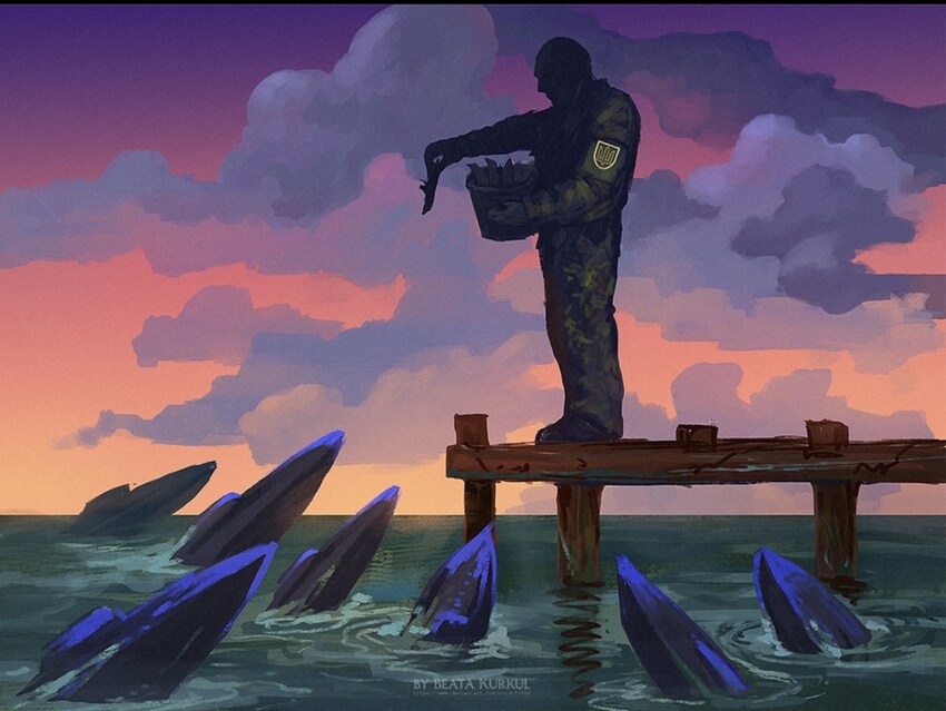 Painting showing a Ukrainian feeding fish to naval drones as one would feed fish to sea lions.