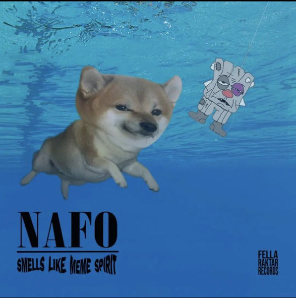 A fella and a vatnik are posed in a very similar way to the baby and the dollar bill in the 1991 'Smells Like Teen Spirit' album, title 'NAFO: smells like meme spirit'.