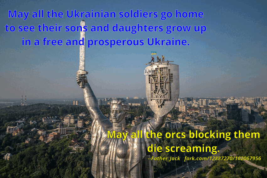 Statue with caption 'May all the Ukrainian soldiers go home to see their sons and daughters grow up in a free and prosperous Ukraine. May all the orcs blocking them die screaming. --Father Jack'