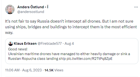 It's not fair to say Russia doesn't intercept all drones. But I am not sure using ships, bridges, and buildings to intercept them is the most efficient way.