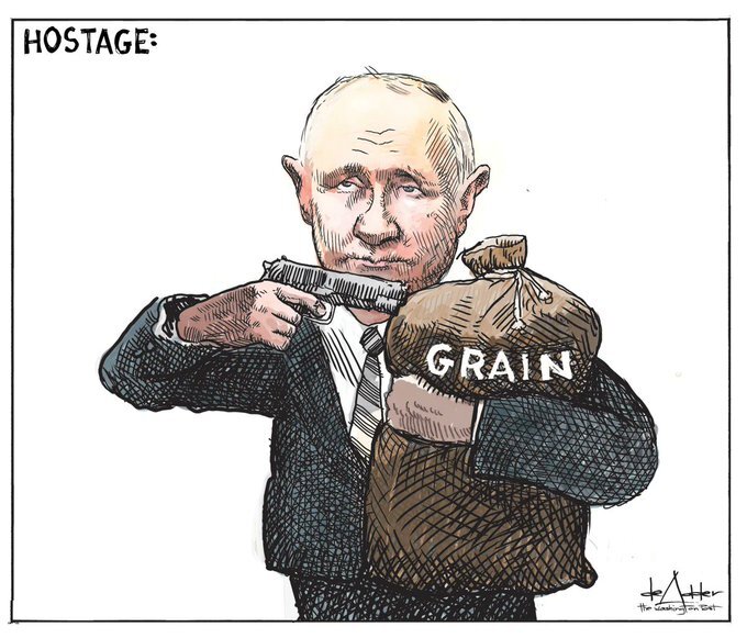 Political cartoon where Putin holds a bag of grain hostage.
