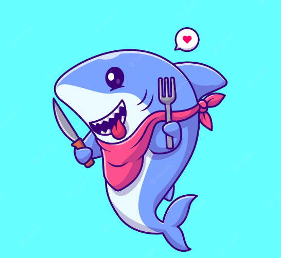 A cartoon shark with a knife and fork.